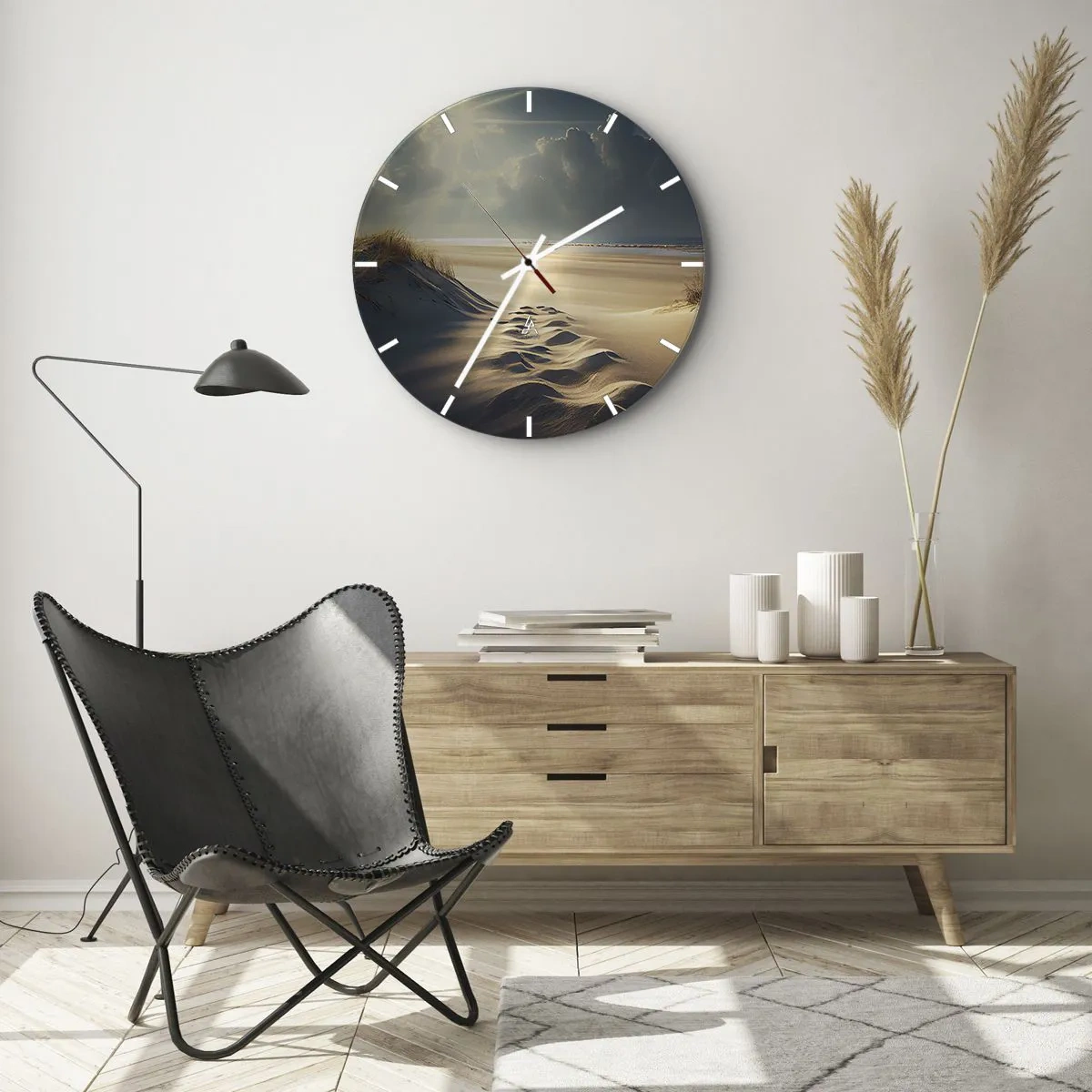 Relógio de parede - Relógio em vidro - Dunas de areia iluminadas pelos raios de sol com vista para o horizonte - 30x30cm - Uma paisagem relaxante - Decoração de parede moderna para a sala de estar, cozinha e quarto ARTTOR