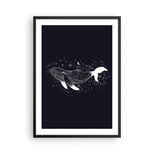 Pôster com moldura preta - Uma baleia espacial em estilo gráfico sobre fundo preto - 50x70cm - No oceano do universo - Decoração de parede moderna para a sala de estar e quarto ARTTOR