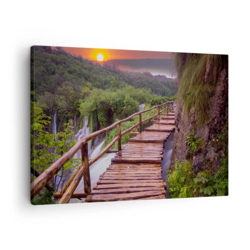 Quadro em tela - Uma ponte com vista para as cachoeiras ao pôr do sol - 70x50cm - Beleza inacreditável - Decoração de parede moderna para a sala de estar e quarto ARTTOR
