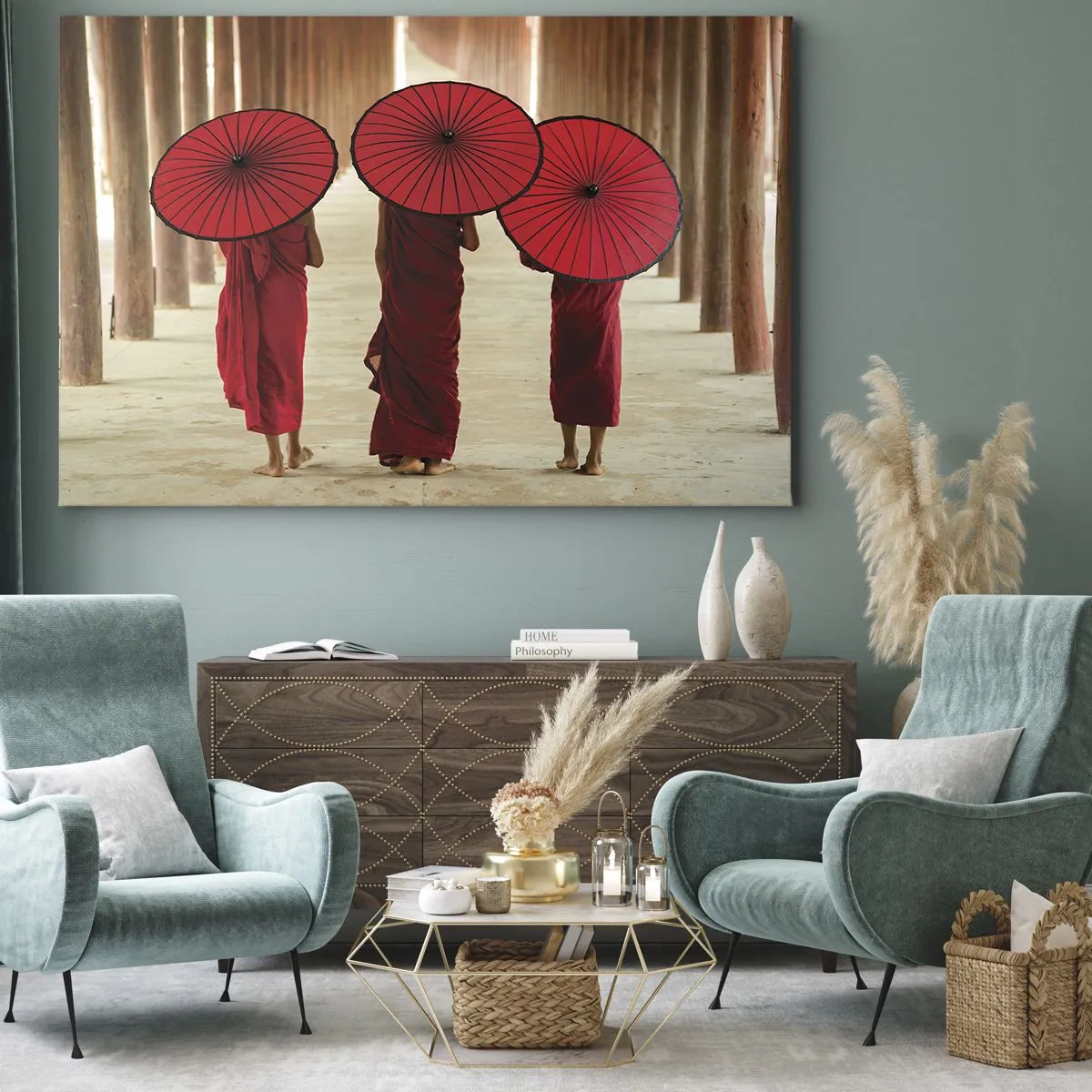 Quadro em tela - Três monges com guarda-chuvas vermelhos na arquitetura tradicional - 70x50cm - A caminho da Terra Pura - Decoração de parede moderna para a sala de estar e quarto ARTTOR