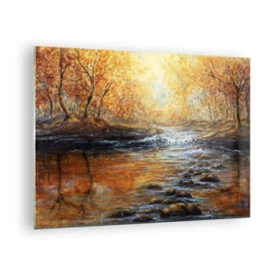 Quadro em vidro - Um riacho dourado na floresta cercado por árvores de outono - 70x50cm - Riacho Dourado - Decoração de parede moderna para a sala de estar e quarto ARTTOR