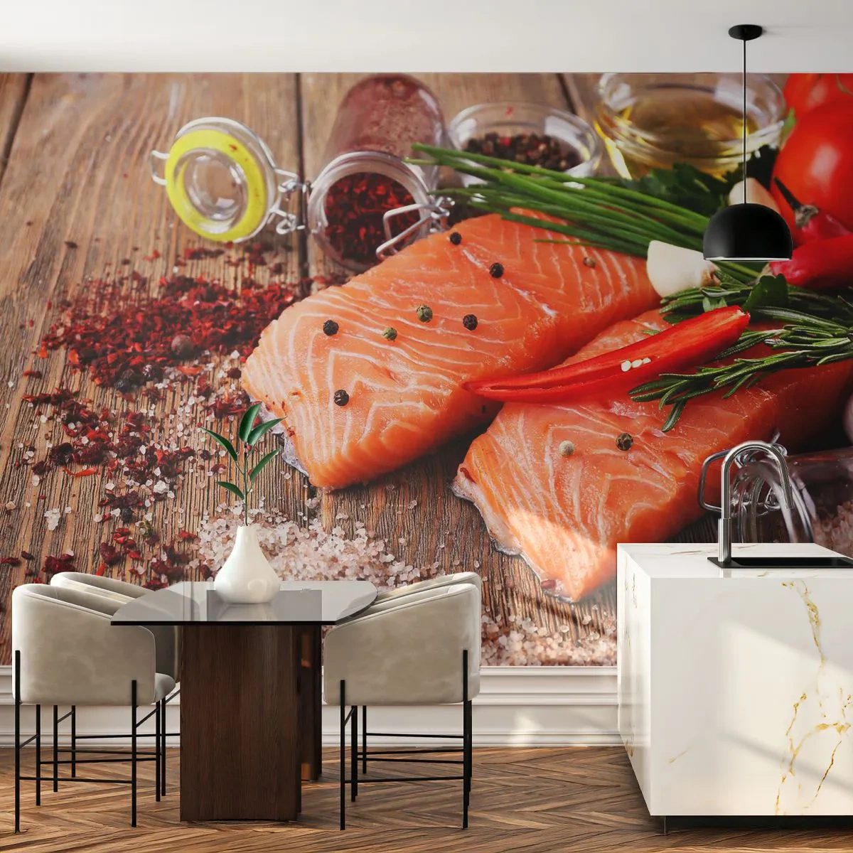Papel de Parede Premium Sand - Aventura norueguesa na cozinha - Gastronomia, Salmão, Especiarias - 300x210 cm