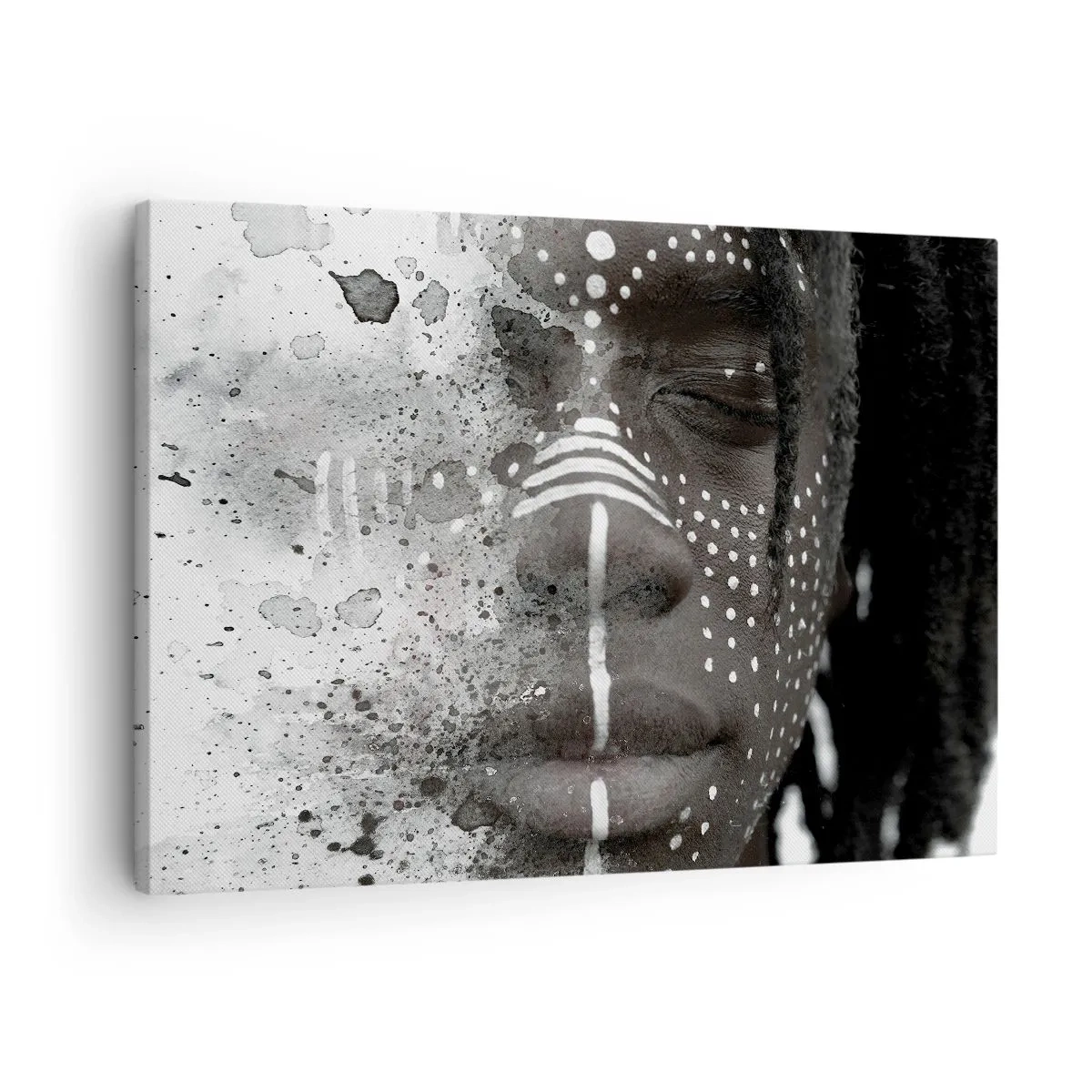 Quadro em tela - Retrato artístico de rosto com padrões brancos abstratos - 70x50cm - Descubra o espírito primordial - Decoração de parede moderna para a sala de estar e quarto ARTTOR