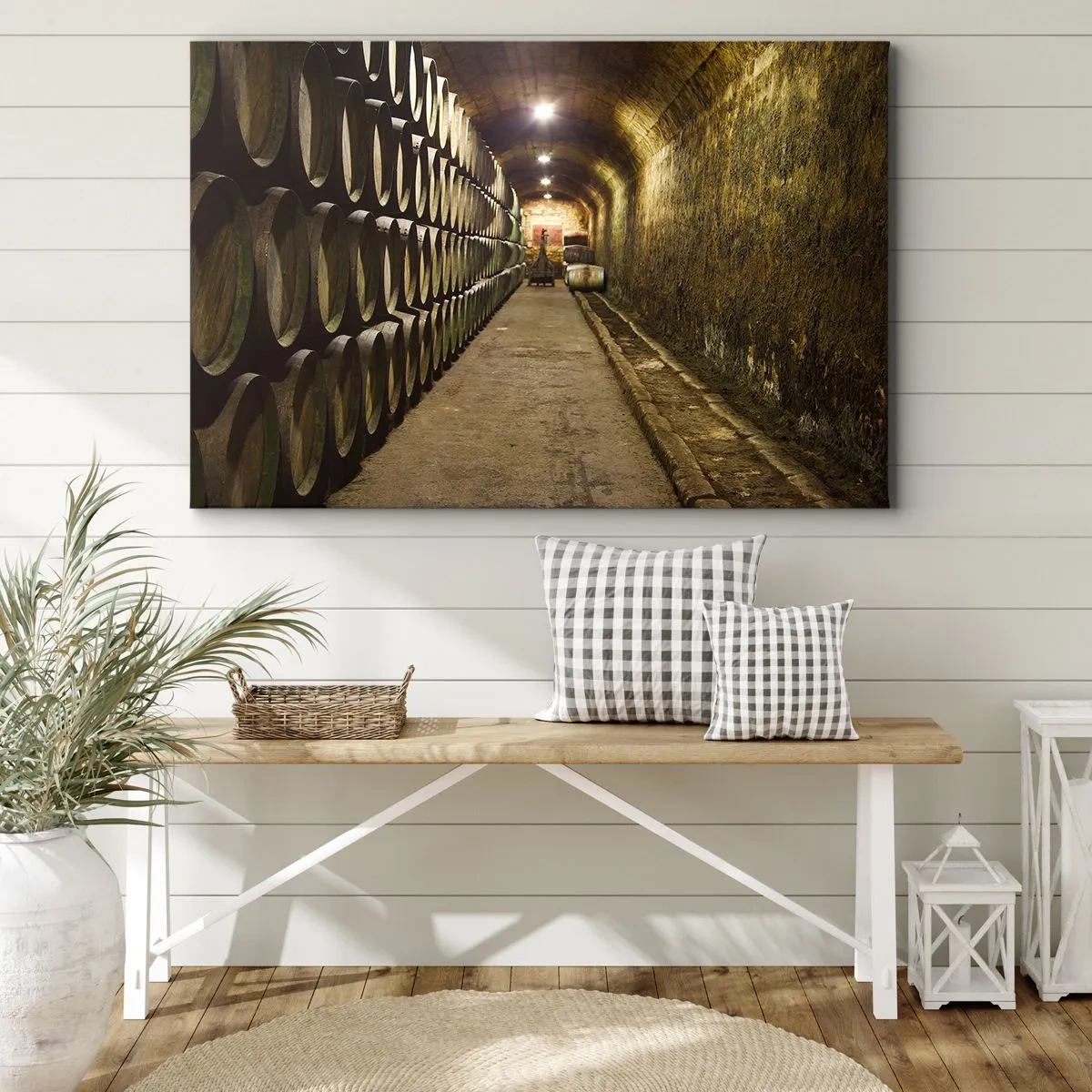 Quadro em tela - Uma adega com barris de vinho de madeira dispostos em fileiras - 70x50cm - É bom deitar-se - Decoração de parede moderna para a sala de estar e quarto ARTTOR