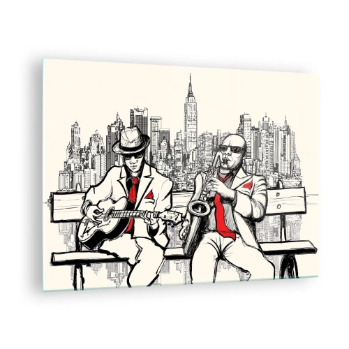 Quadro em vidro - Dois músicos de jazz tocando tendo como pano de fundo o horizonte da cidade - 70x50cm - Improvisação nova-iorquina - Decoração de parede moderna para a sala de estar e quarto ARTTOR