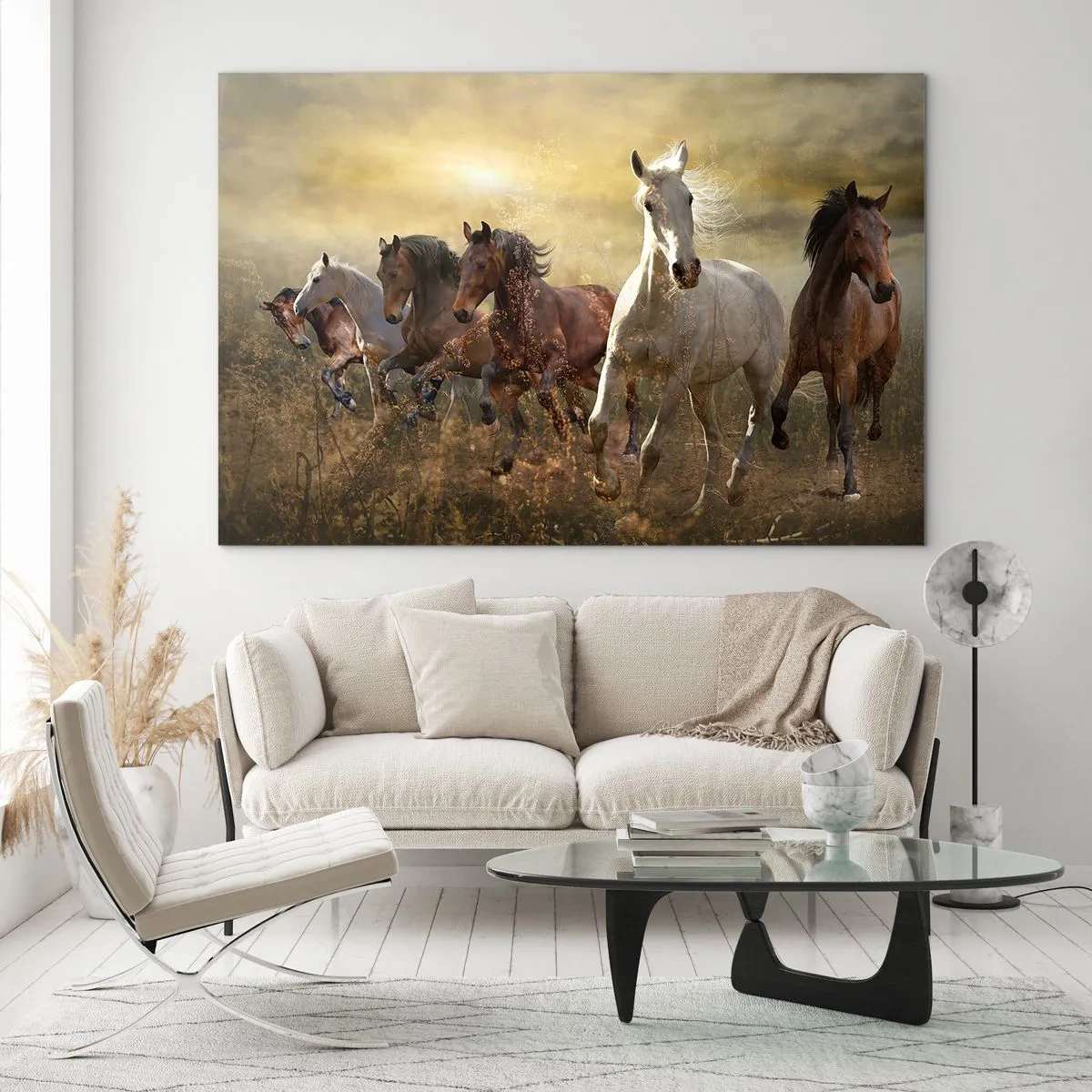 Quadro em vidro - Uma manada de cavalos galopando sob os raios do sol poente - 70x50cm - Viva a liberdade! - Decoração de parede moderna para a sala de estar e quarto ARTTOR