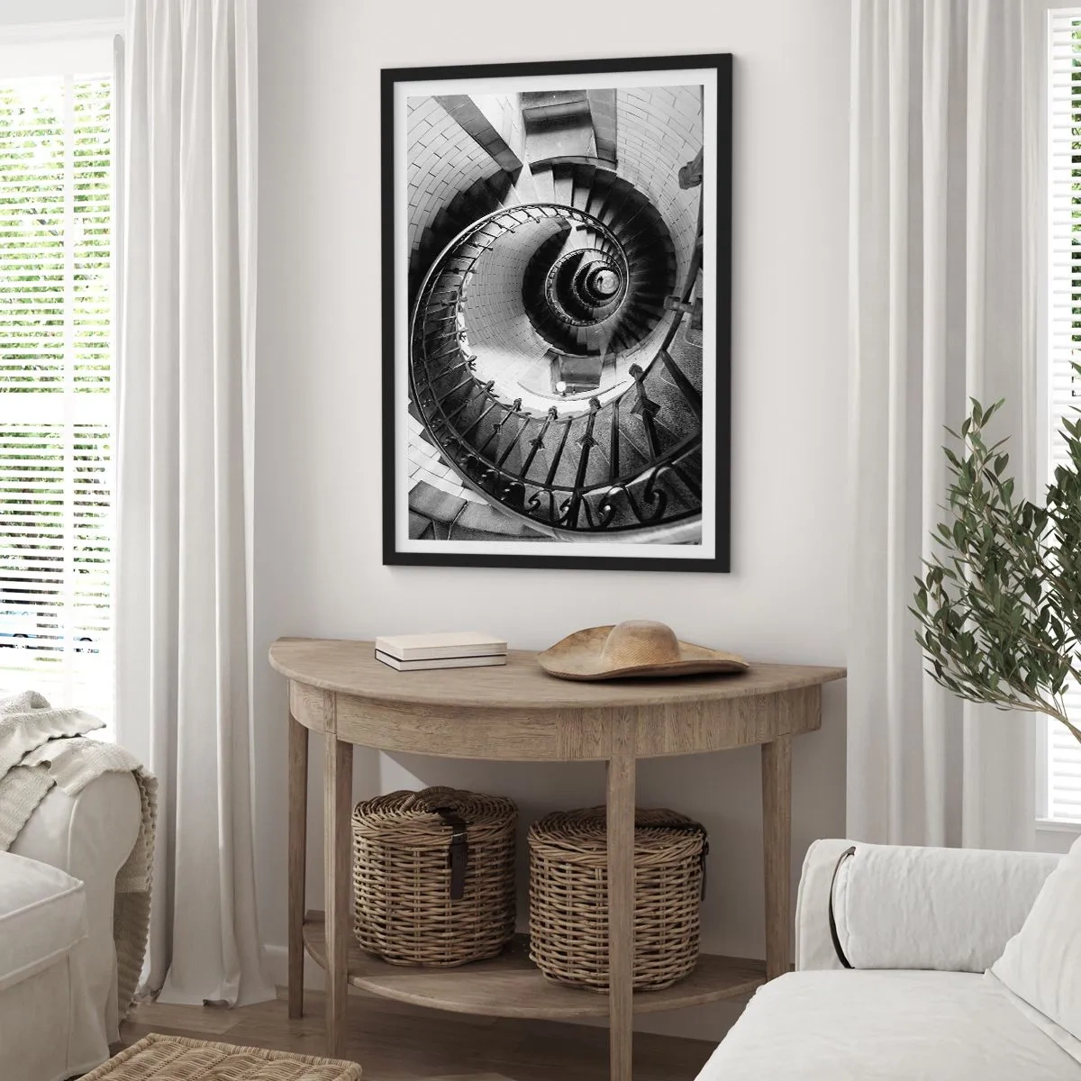 Pôster com moldura preta - Escada em espiral em perspectiva em preto e branco - 50x70cm - Cada vez mais alto - Decoração de parede moderna para a sala de estar e quarto ARTTOR