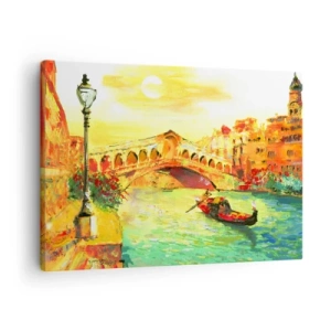 Quadro em tela - Uma ponte pitoresca sobre o canal com uma gôndola à luz do pôr do sol - 70x50cm - Romaria dos amantes - Decoração de parede moderna para a sala de estar e quarto ARTTOR