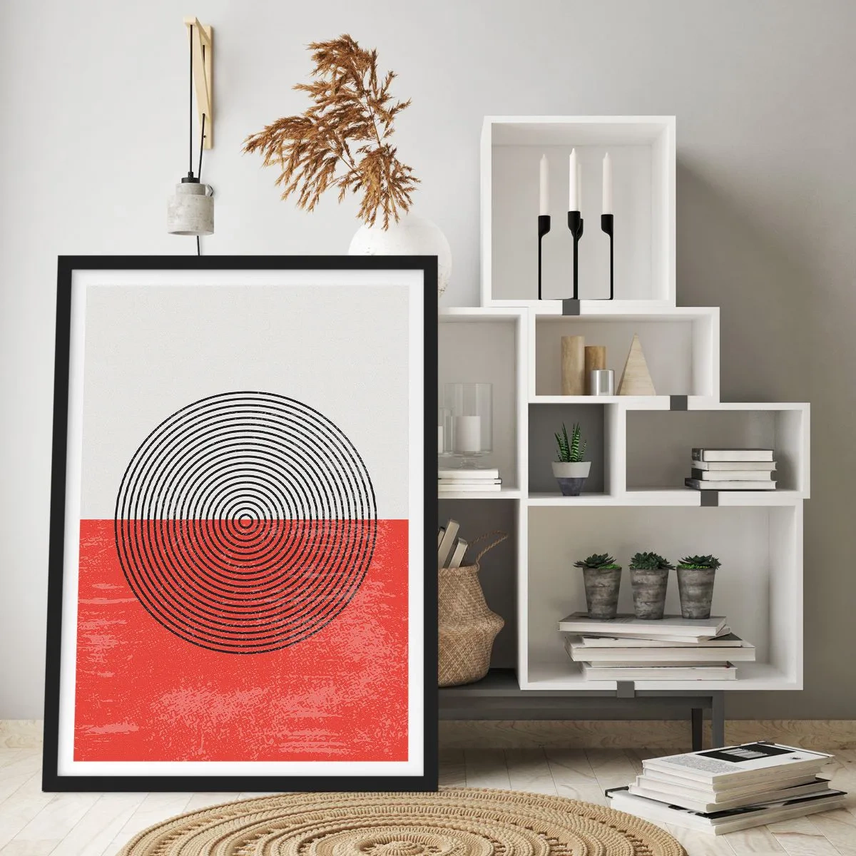 Pôster com moldura preta - Composição geométrica com círculos em fundo vermelho e branco - 50x70cm - Direto ao ponto - Decoração de parede moderna para a sala de estar e quarto ARTTOR