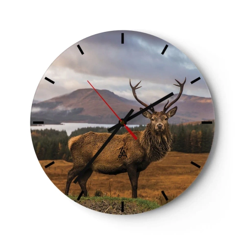 Relógio de parede - Relógio em vidro - Veado em uma paisagem montanhosa com árvores e um lago - 30x30cm - A majestade da natureza - Decoração de parede moderna para a sala de estar, cozinha e quarto ARTTOR