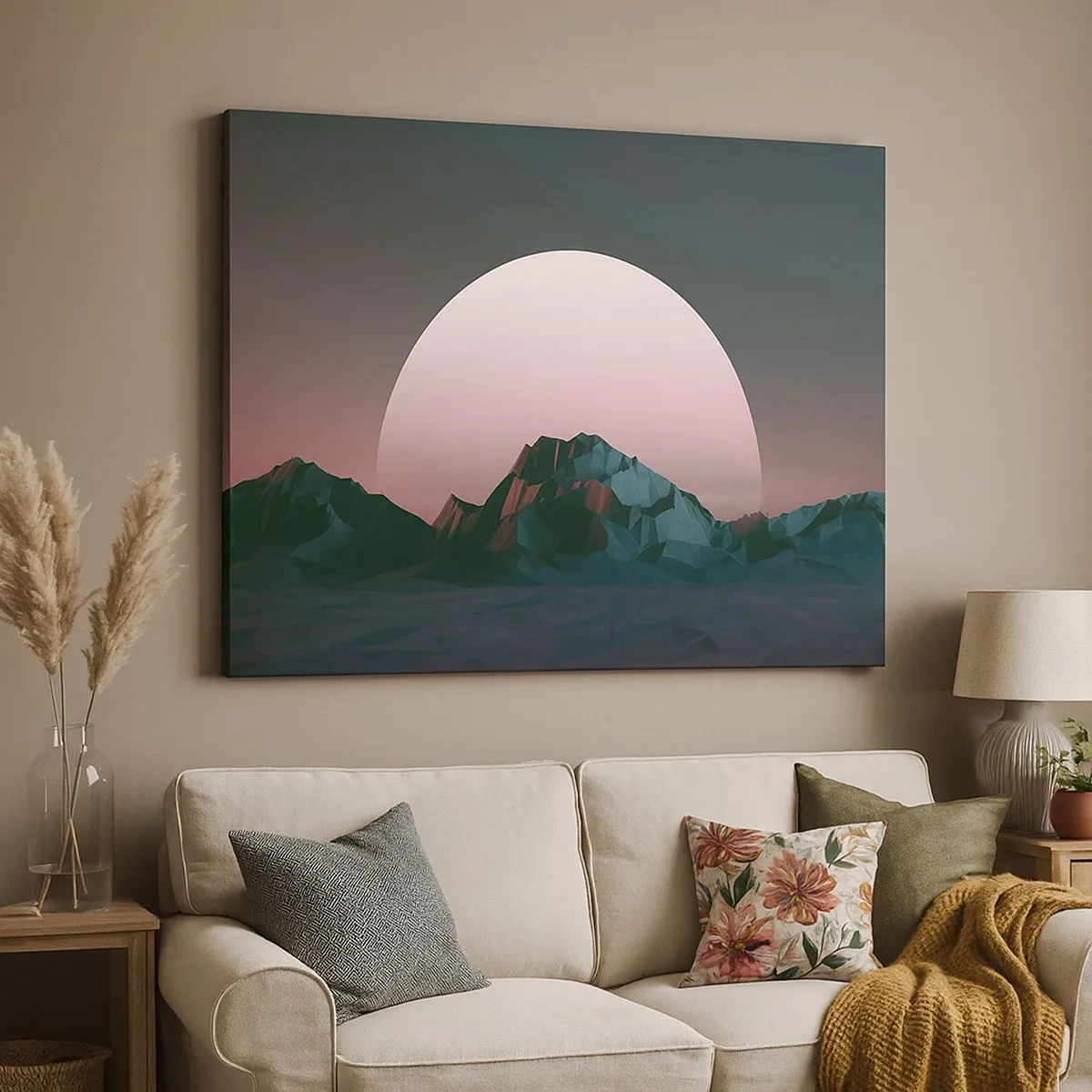 Quadro em tela - Montanhas geométricas com o pôr do sol ao fundo - 70x50cm - Numa galáxia vizinha - Decoração de parede moderna para a sala de estar e quarto ARTTOR