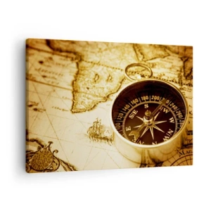 Quadro em tela - Uma bússola antiga contra o fundo de um antigo mapa-múndi - 70x50cm - Oriente ou Ocidente? - Decoração de parede moderna para a sala de estar e quarto ARTTOR
