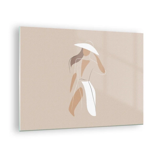 Quadro em vidro - Figura estilizada de uma mulher com um chapéu branco - 70x50cm - A moda é diversão - Decoração de parede moderna para a sala de estar e quarto ARTTOR