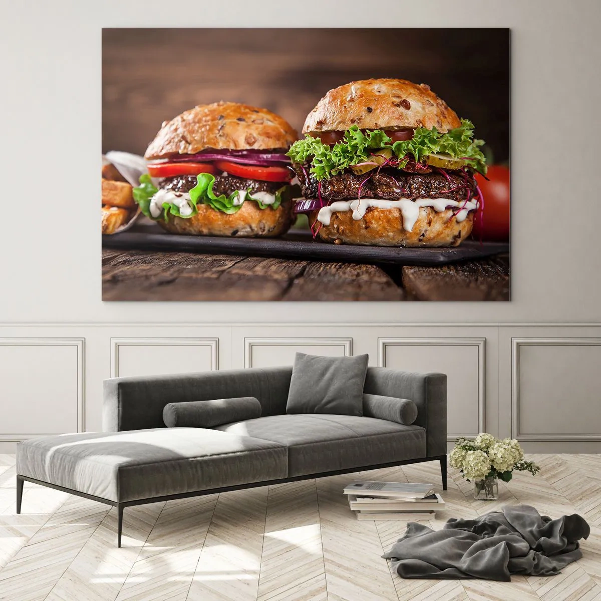 Quadro em vidro - Hambúrgueres apetitosos com vegetais e molho - 70x50cm - Sonho americano - Decoração de parede moderna para a sala de estar e quarto ARTTOR