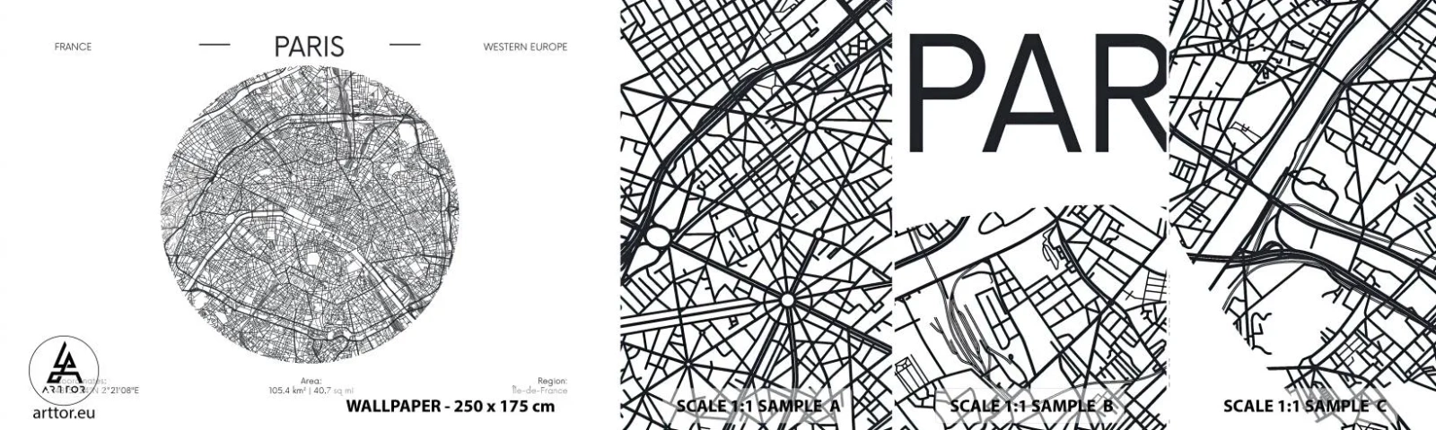 Amostra de Papel de Parede Standard Eco - Anatomia de Paris - Mapa, Paris, França - 100x30 cm