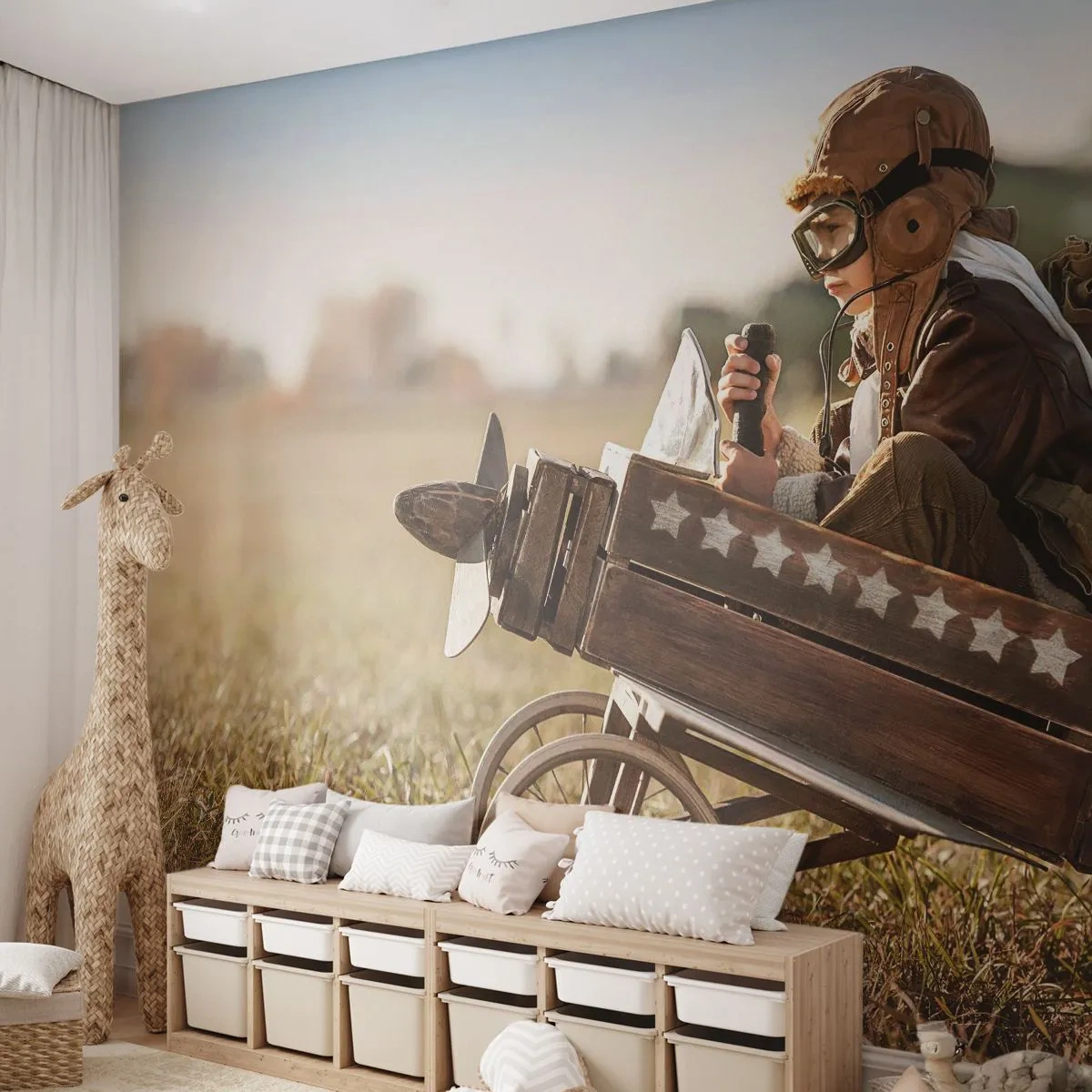 Papel de Parede Premium Canvas - O início rumo a um sonho - Garoto, Avião, Vintage - 250x175 cm