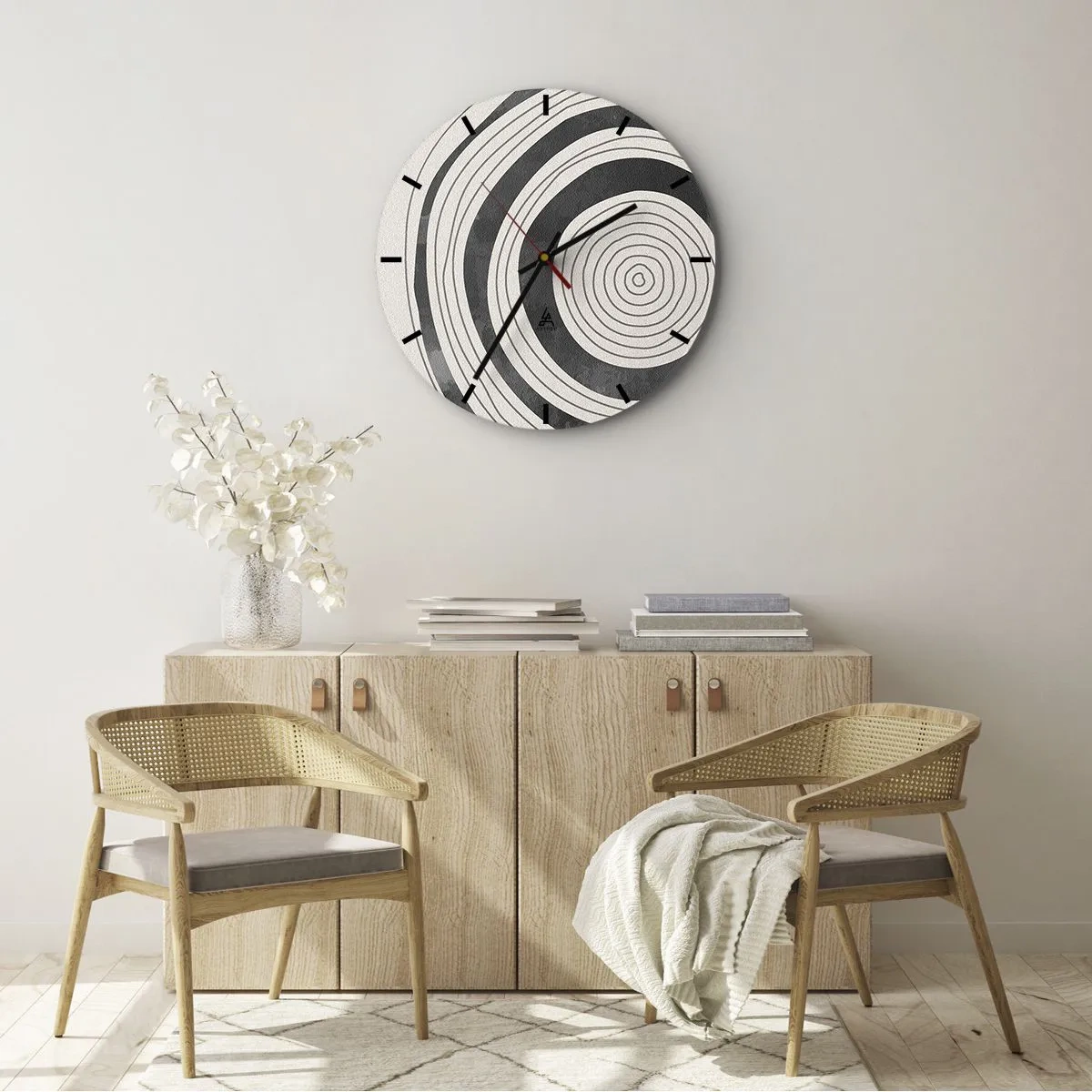 Relógio de parede - Relógio em vidro - Anéis concêntricos em tons de cinza sobre fundo claro - 30x30cm - Importante é o que há no caminho - Decoração de parede moderna para a sala de estar, cozinha e quarto ARTTOR