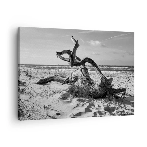 Quadro em tela - Paisagem em preto e branco com uma árvore morta na praia - 70x50cm - Escultura do mar - Decoração de parede moderna para a sala de estar e quarto ARTTOR