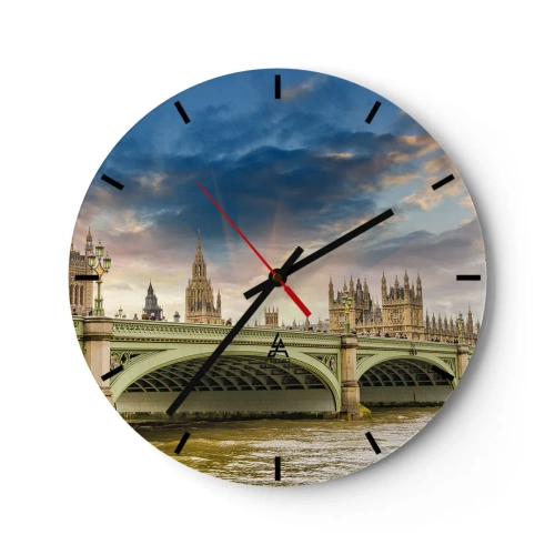Relógio de parede - Relógio em vidro - Ponte sobre o Tâmisa com vista para o Palácio de Westminster - 30x30cm - O tempo parou no Império - Decoração de parede moderna para a sala de estar, cozinha e quarto ARTTOR