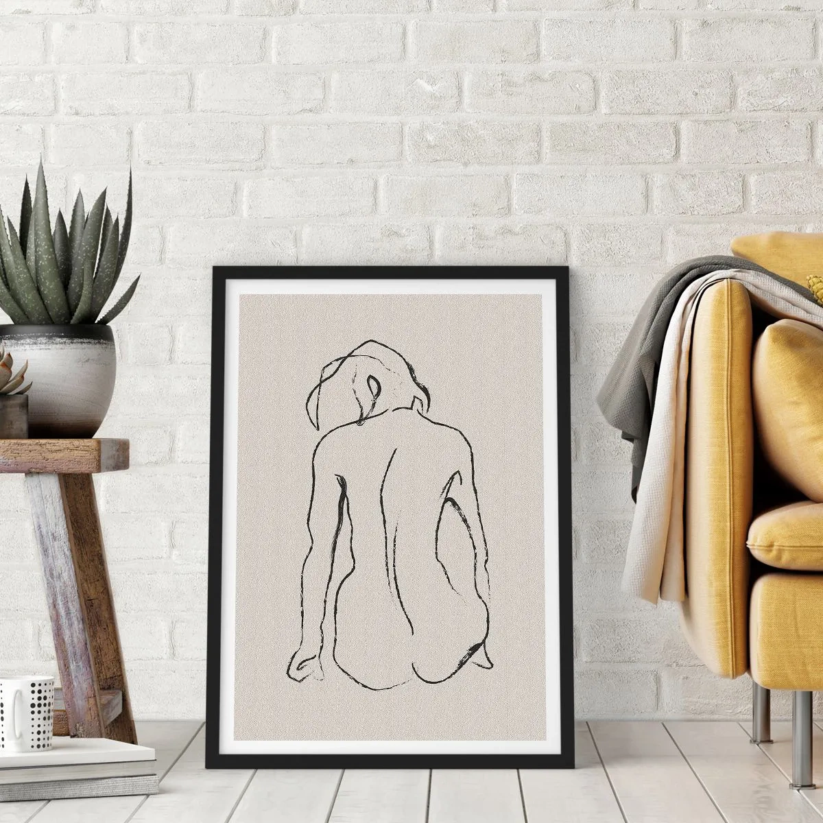 Pôster com moldura preta - Um esboço minimalista de uma mulher nua sentada de costas. - 50x70cm - Nu de rapariga - Decoração de parede moderna para a sala de estar e quarto ARTTOR