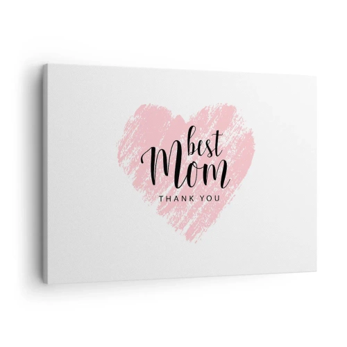 Quadro em tela - Coração rosa com as palavras "Melhor Mãe, Obrigado" em um fundo branco - 70x50cm - Sempre o momento certo - Decoração de parede moderna para a sala de estar e quarto ARTTOR