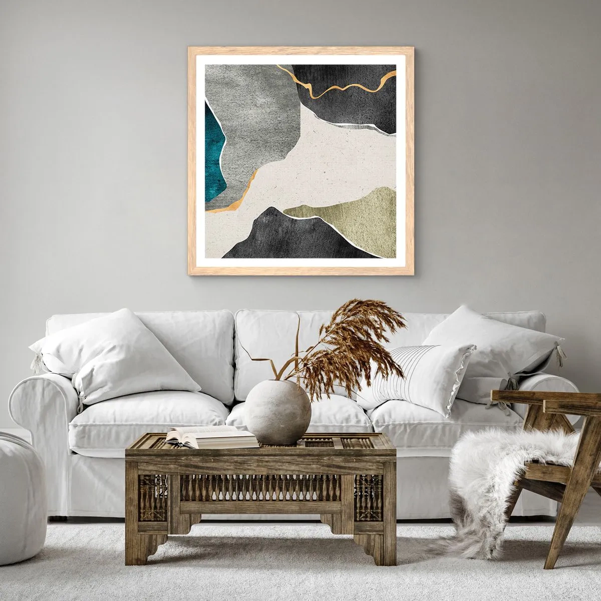 Pôster com moldura de carvalho claro - Composição de mosaico com fio de ouro - 50x50 cm