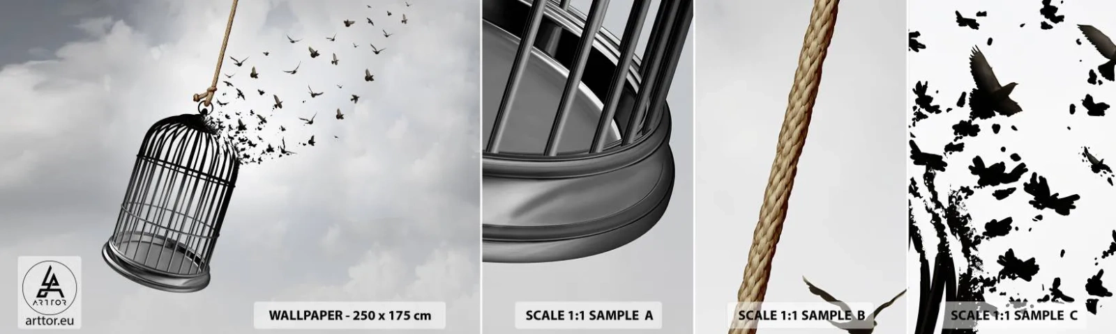 Amostra de Papel de Parede Standard Eco - Fé... Esperança... Liberdade! - Abstração, Pássaros, Pedaço - 100x30 cm