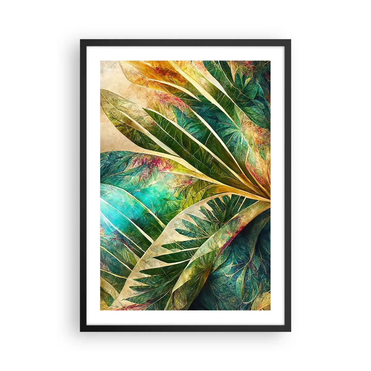 Pôster com moldura preta - Uma composição frondosa em tons de verde e dourado - 50x70cm - As cores dos trópicos - Decoração de parede moderna para a sala de estar e quarto ARTTOR