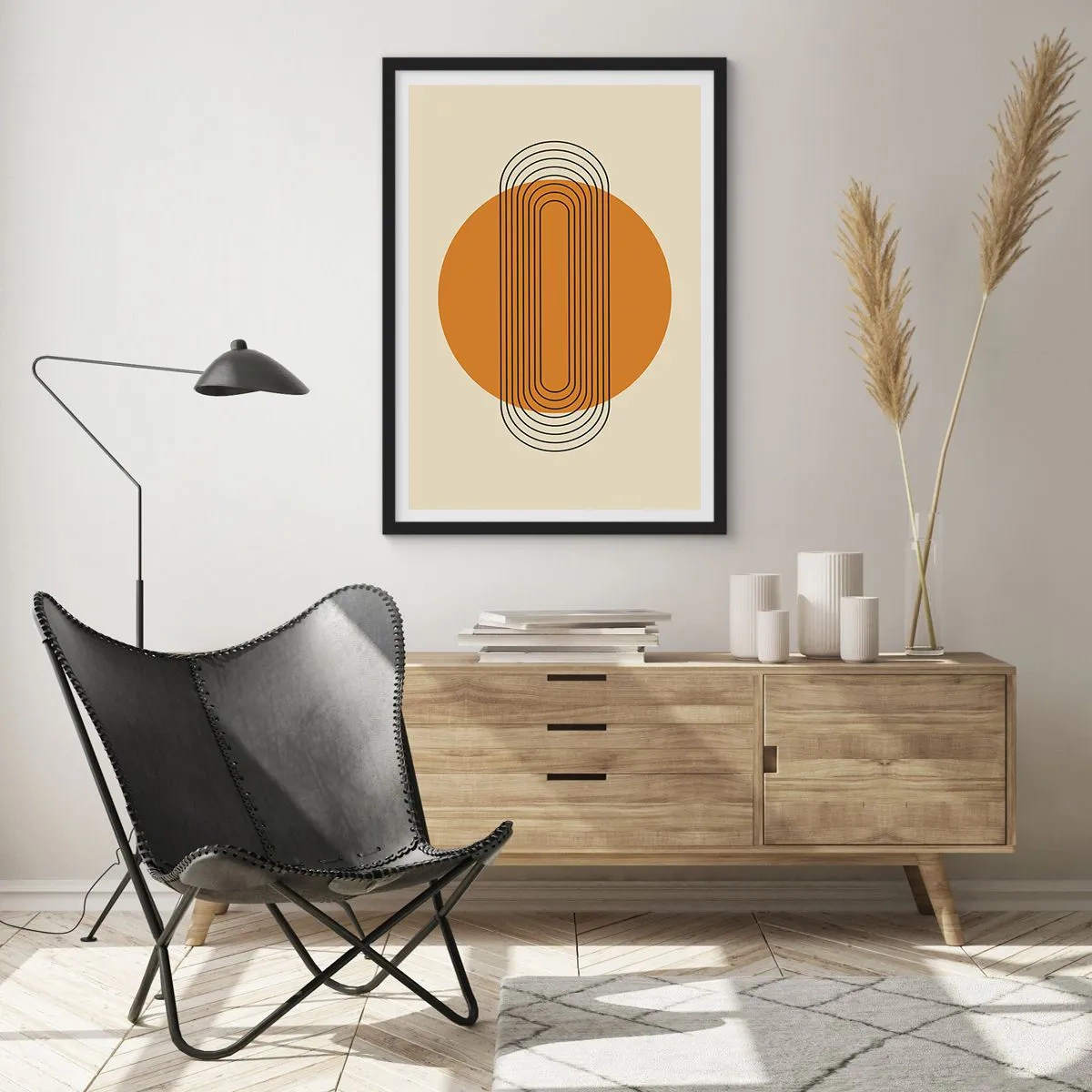 Pôster com moldura preta - Padrão geométrico com círculos e linhas laranja - 50x70cm - O plano perfeito - Decoração de parede moderna para a sala de estar e quarto ARTTOR