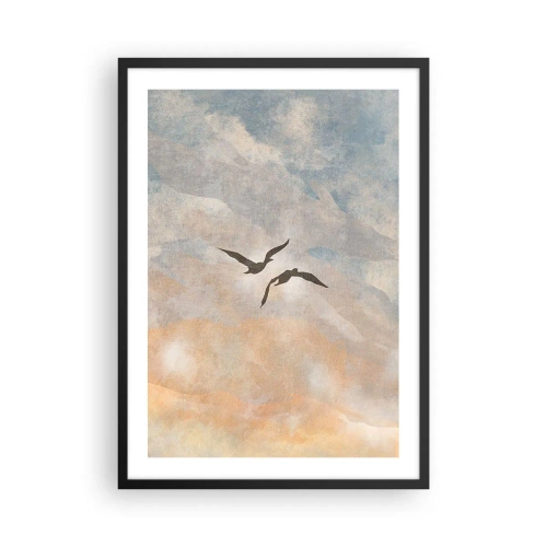 Pôster com moldura preta - Dois pássaros voando contra o céu, em delicados tons de azul e laranja. - 50x70cm - Dança do céu - Decoração de parede moderna para a sala de estar e quarto ARTTOR