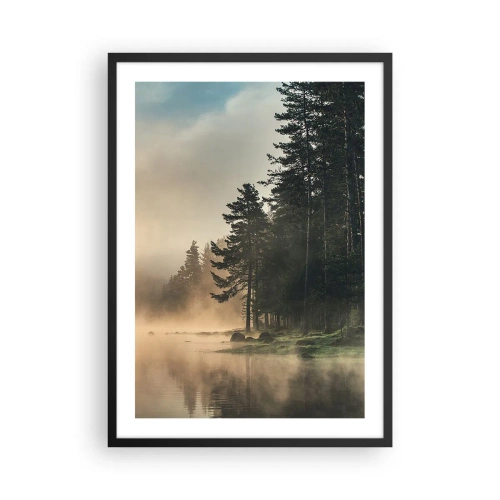Pôster com moldura preta - Paisagem de floresta enevoada sobre um lago calmo - 50x70cm - O nascimento do dia - Decoração de parede moderna para a sala de estar e quarto ARTTOR