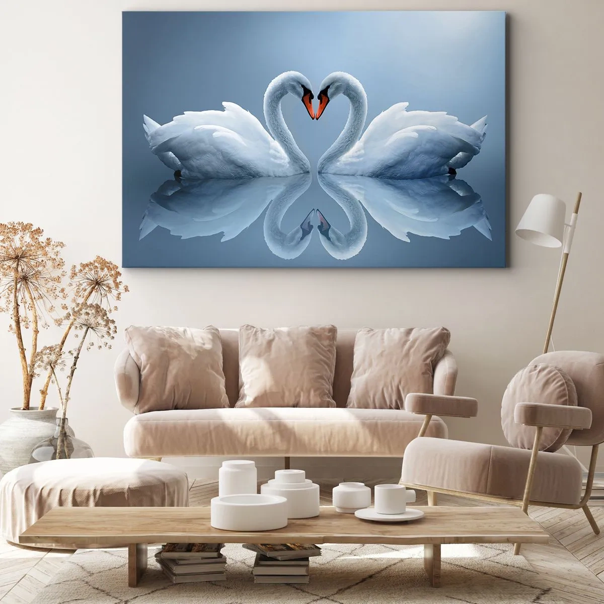 Quadro em tela - Dois cisnes formando um coração em uma superfície calma de água - 70x50cm - Hora do amor - Decoração de parede moderna para a sala de estar e quarto ARTTOR