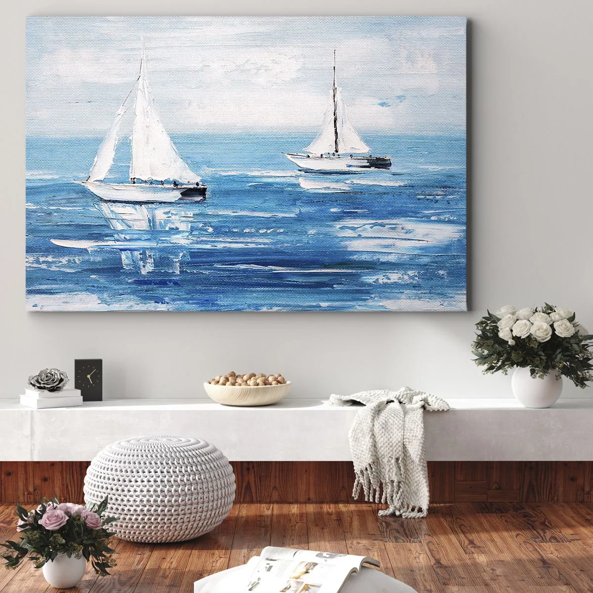Quadro em tela - Iates no mar azul em estilo artístico - 70x50cm - Com um amigo ao meu lado - Decoração de parede moderna para a sala de estar e quarto ARTTOR