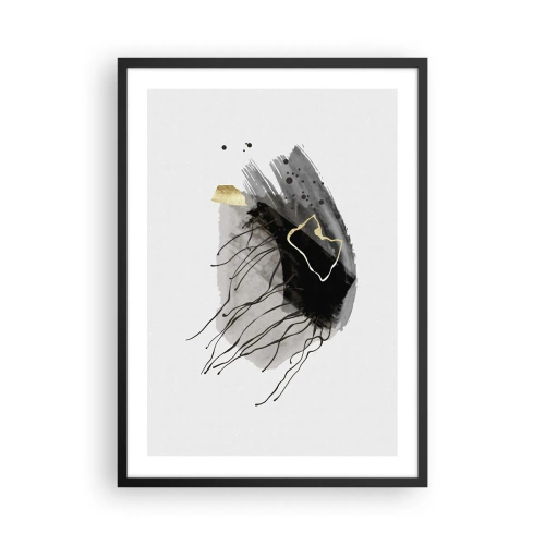 Pôster com moldura preta - Uma composição abstrata com detalhes em preto, cinza e dourado. - 50x70cm - A preto e dourado - Decoração de parede moderna para a sala de estar e quarto ARTTOR