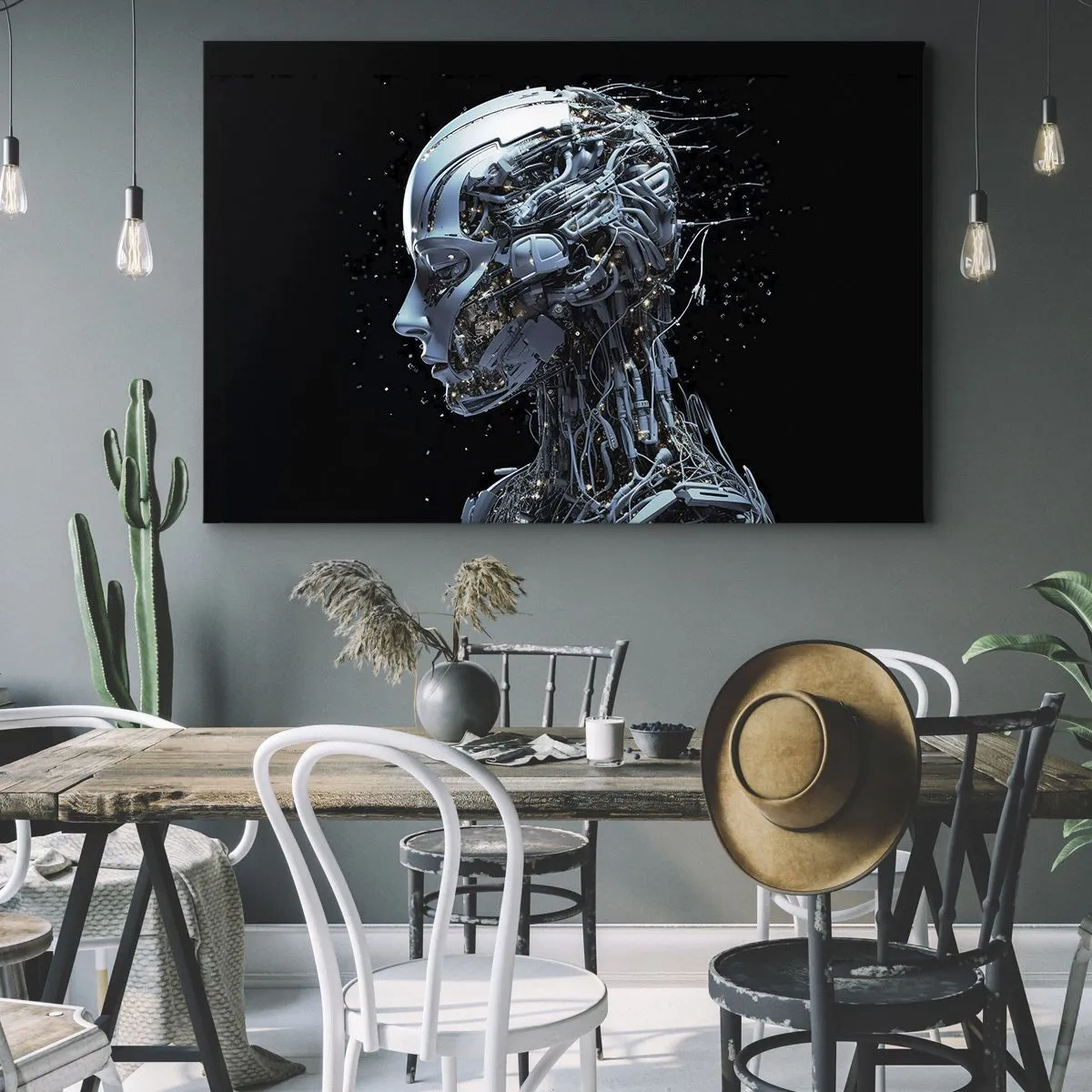 Quadro em tela - Retrato futurista de um ciborgue em estilo industrial sobre fundo preto. - 70x50cm - A tecnologia é uma mulher - Decoração de parede moderna para a sala de estar e quarto ARTTOR