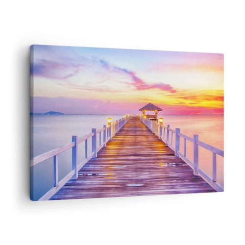 Quadro em tela - Um píer sobre a água ao pôr do sol em cores pastel - 70x50cm - O silêncio lilás-dourado da noite - Decoração de parede moderna para a sala de estar e quarto ARTTOR