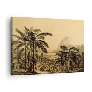 Quadro em tela - Desenho de bananeiras em um fundo de paisagem tropical - 70x50cm - num clima colonial - Decoração de parede moderna para a sala de estar e quarto ARTTOR