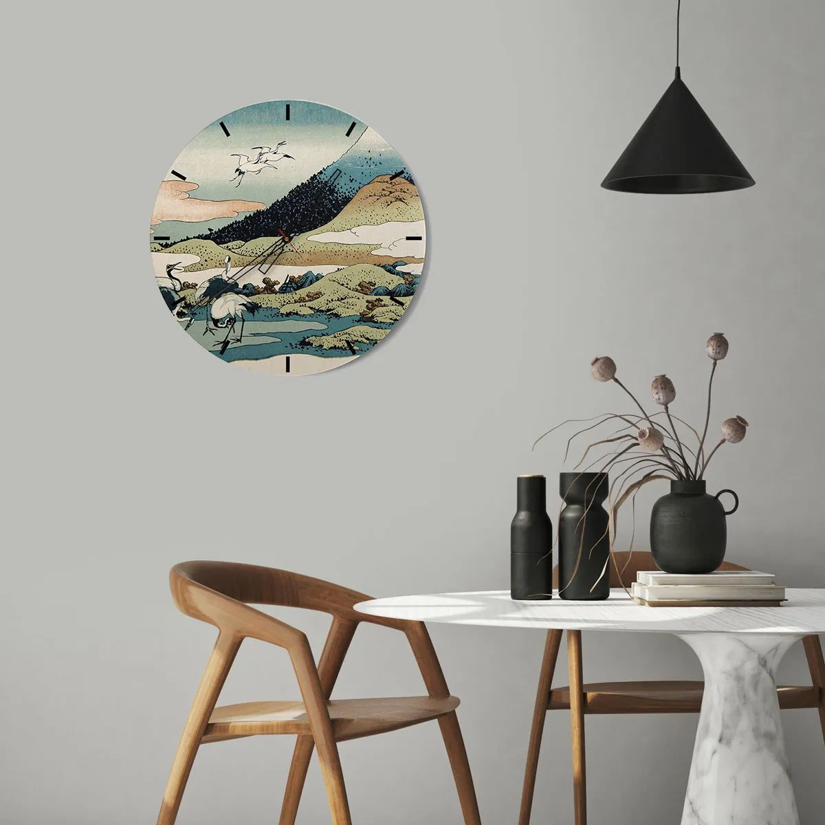 Relógio de parede - Relógio em vidro - Cena japonesa com pássaros em uma paisagem montanhosa - 30x30cm - No espírito japonês - Decoração de parede moderna para a sala de estar, cozinha e quarto ARTTOR