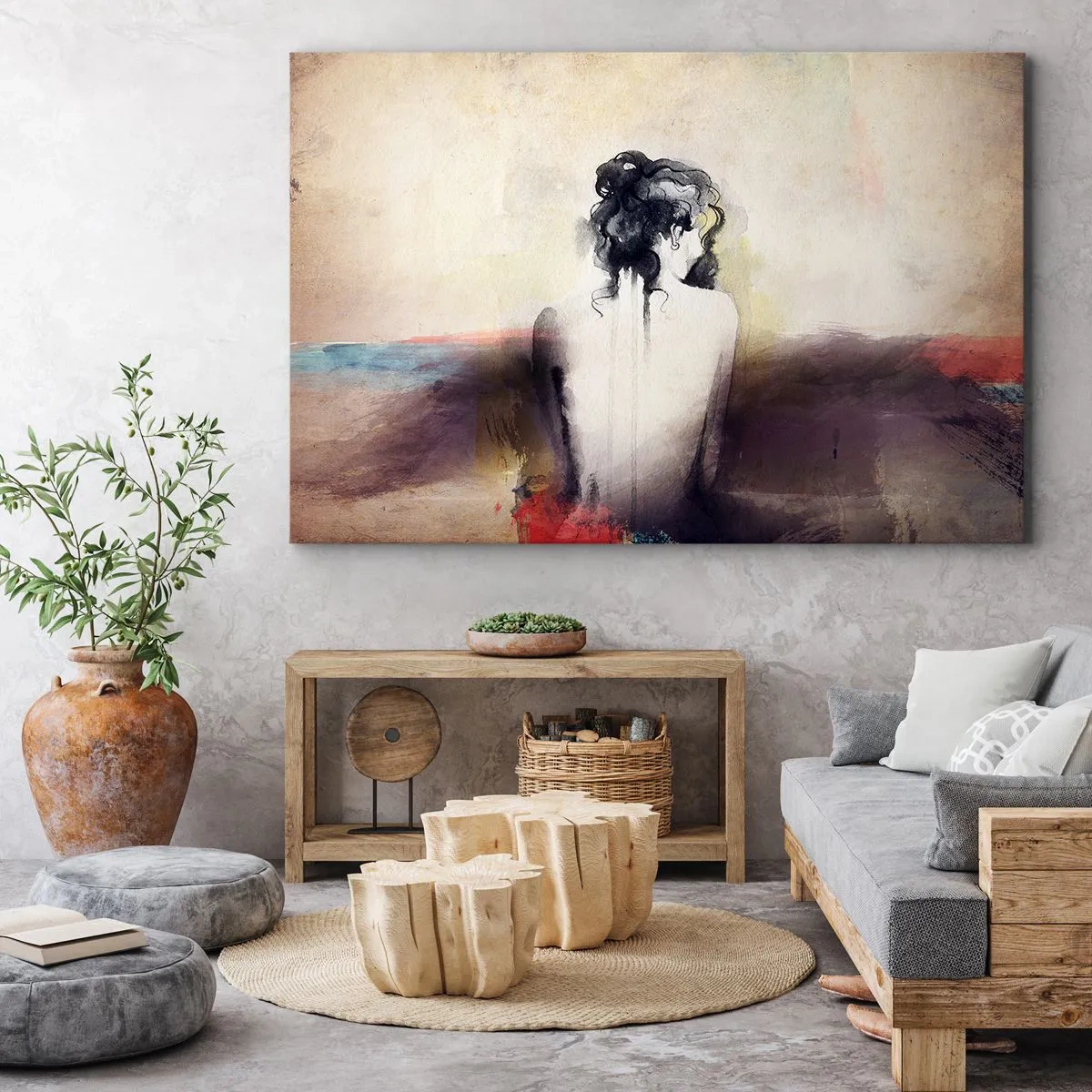 Quadro em tela - Um retrato sutil de uma mulher em um estilo artístico - 70x50cm - Linhas suaves, formas ovais - Decoração de parede moderna para a sala de estar e quarto ARTTOR