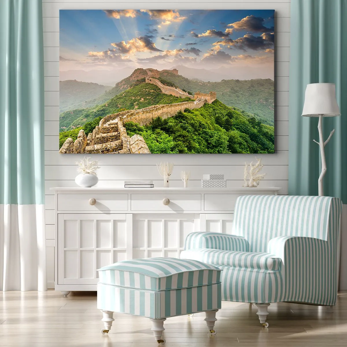 Quadro em tela - A Grande Muralha da China iluminada pela luz do sol em uma paisagem pitoresca - 70x50cm - Grandeza eterna - Decoração de parede moderna para a sala de estar e quarto ARTTOR