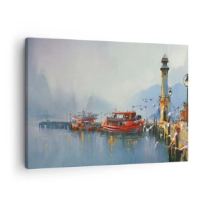 Quadro em tela - Um porto com barcos vermelhos cercados por uma paisagem enevoada - 70x50cm - No fim do mundo - Decoração de parede moderna para a sala de estar e quarto ARTTOR