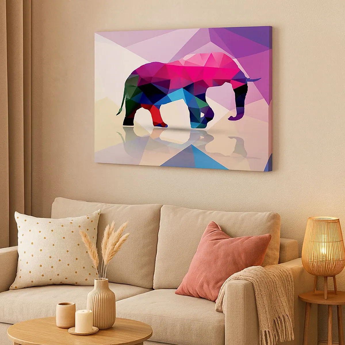 Quadro em tela - Silhueta geométrica de um elefante em cores vivas - 70x50cm - Dinossauro de cristal - Decoração de parede moderna para a sala de estar e quarto ARTTOR
