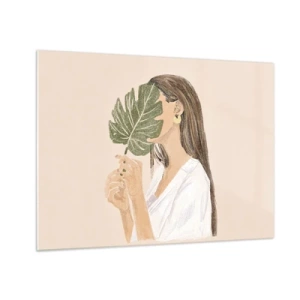 Quadro em vidro - Uma mulher de cabelos longos segurando uma folha na frente do rosto. - 70x50cm - Retrato misterioso com uma adepta - Decoração de parede moderna para a sala de estar e quarto ARTTOR