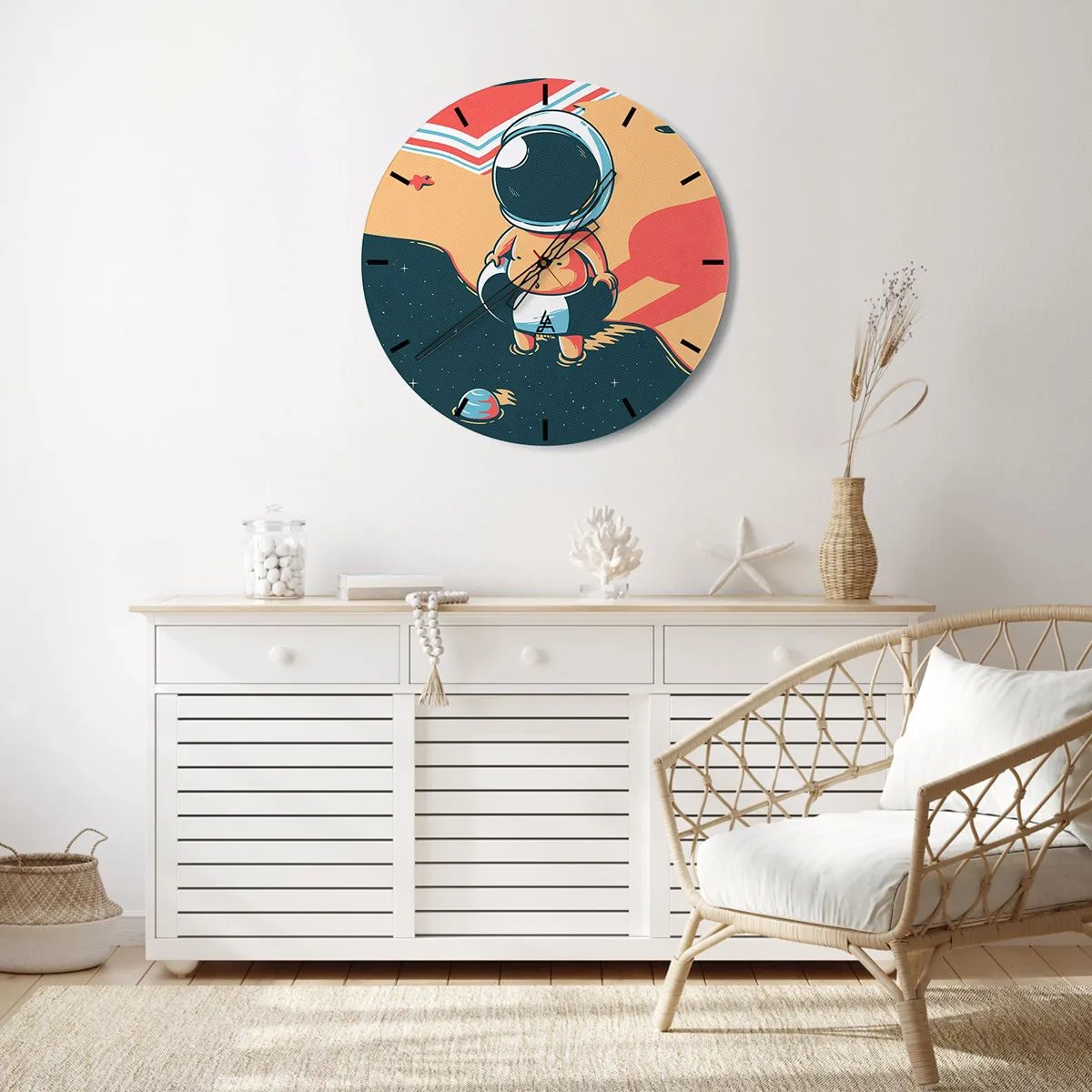 Relógio de parede - Relógio em vidro - Astronauta em um fundo espacial em estilo retrô - 30x30cm - De uma perspetiva diferente - Decoração de parede moderna para a sala de estar, cozinha e quarto ARTTOR
