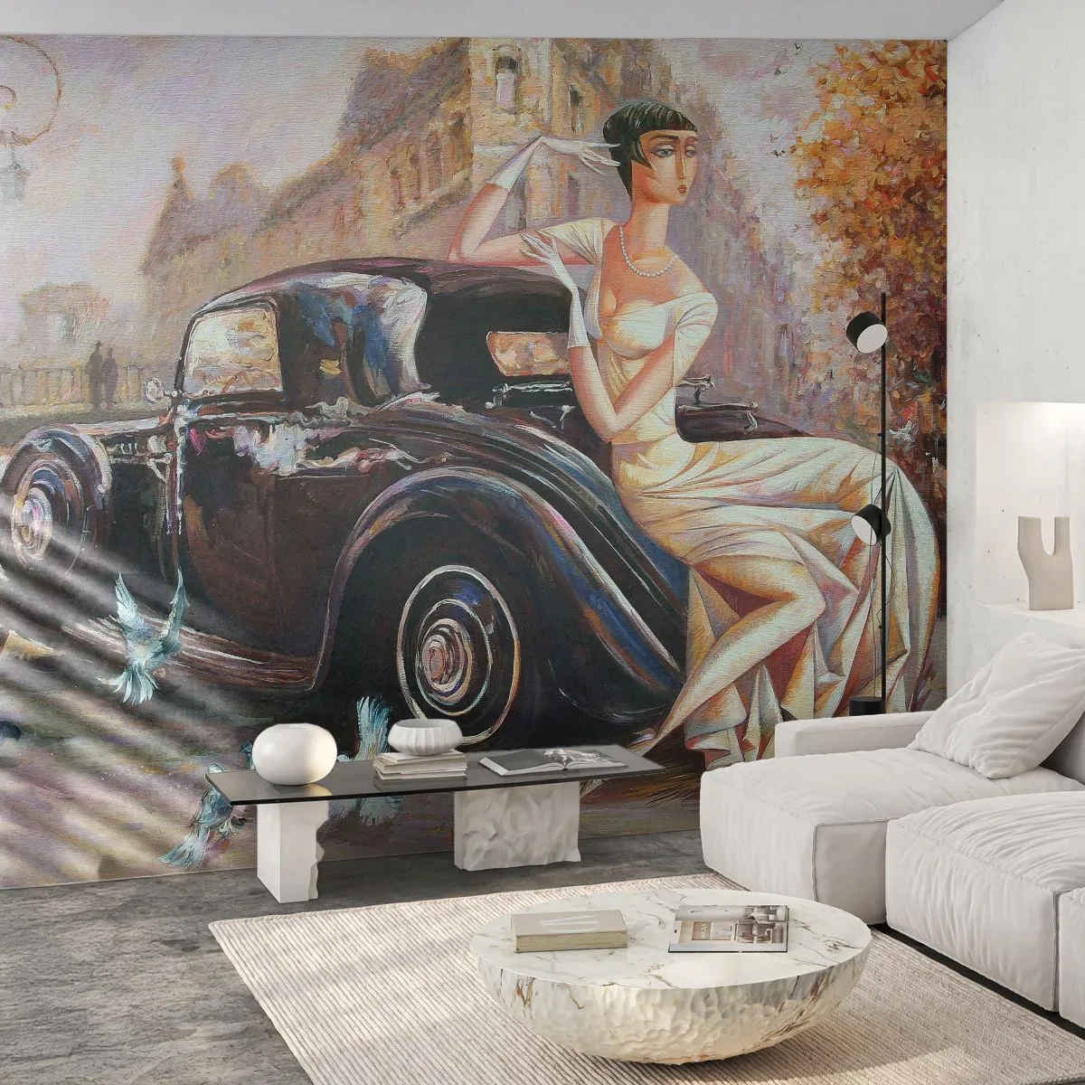 Papel de Parede Premium Canvas - Elegância retro - Carro retrô, Mulher, Palácio - 100x70 cm