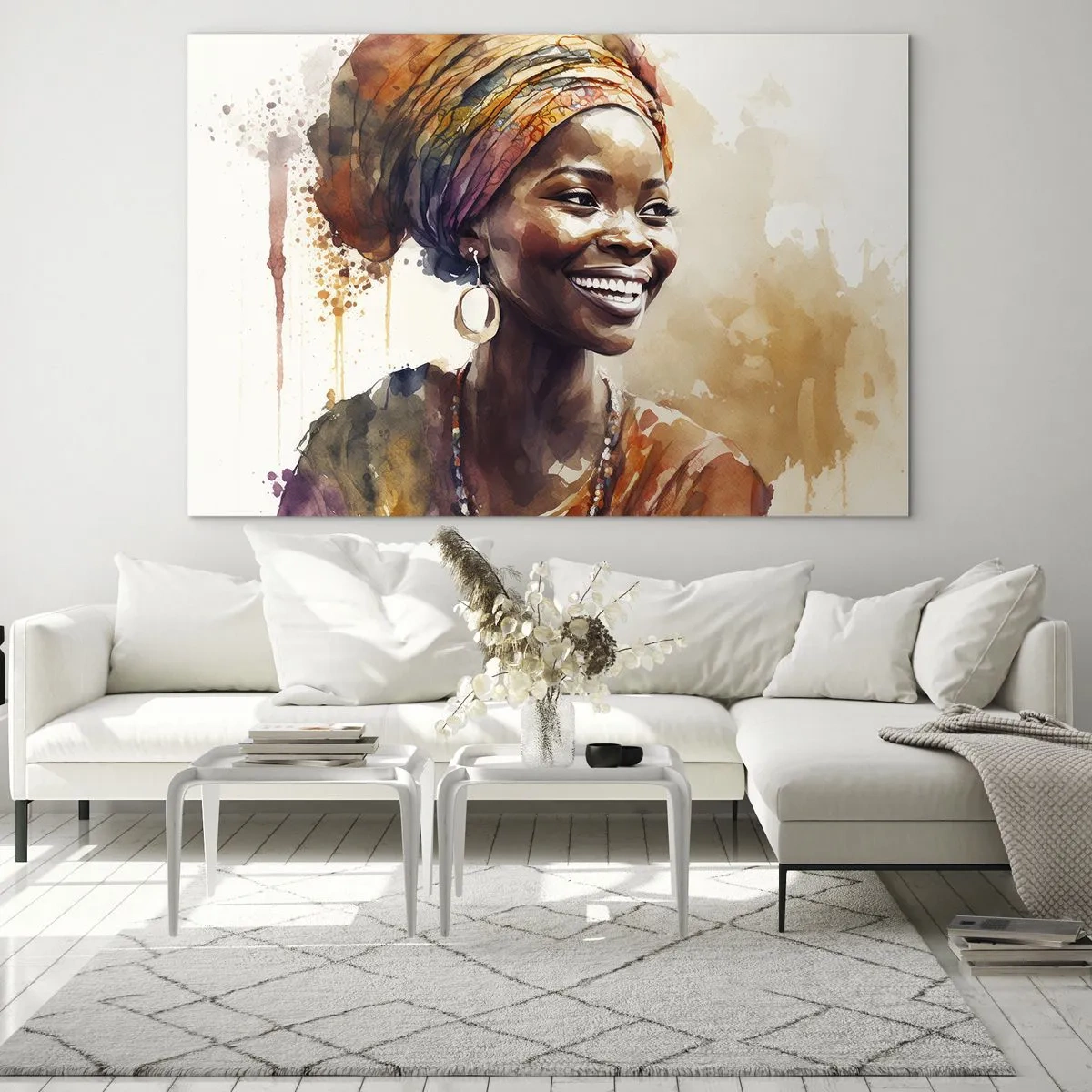 Quadro em vidro - Retrato em aquarela de uma mulher sorridente com turbante - 70x50cm - Rainha africana - Decoração de parede moderna para a sala de estar e quarto ARTTOR