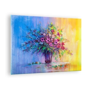 Quadro em vidro - Um buquê colorido de flores em um vaso sobre um fundo abstrato - 70x50cm - Fruto de um prado  - Decoração de parede moderna para a sala de estar e quarto ARTTOR