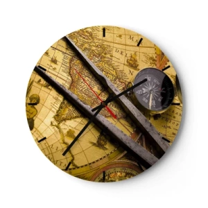 Relógio de parede - Relógio em vidro - Mapa antigo com bússola e compasso - 30x30cm - Onde estão esses tesouros? - Decoração de parede moderna para a sala de estar, cozinha e quarto ARTTOR