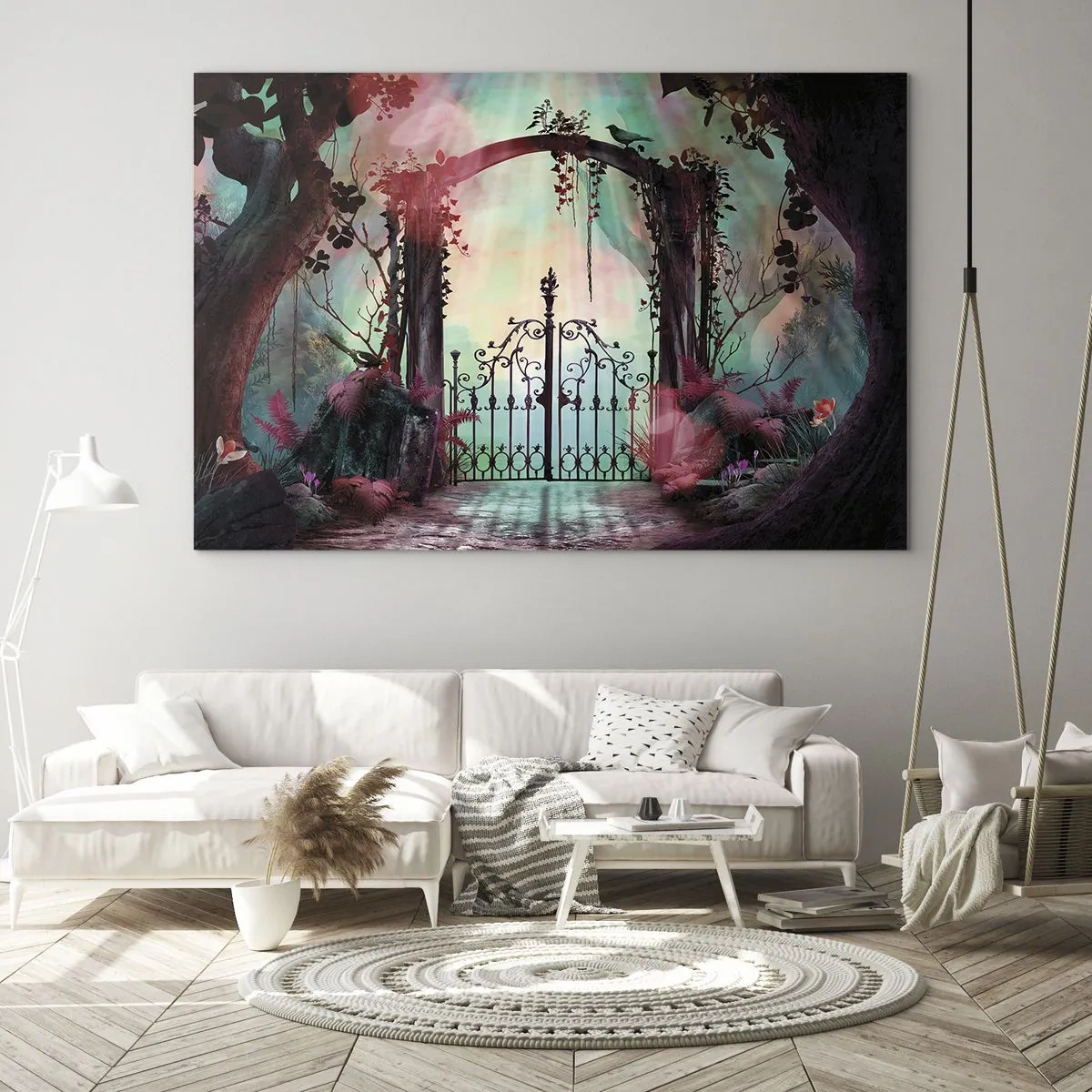 Quadro em vidro - Portões mágicos em uma floresta de contos de fadas - 70x50cm - Jardim secreto - Decoração de parede moderna para a sala de estar e quarto ARTTOR