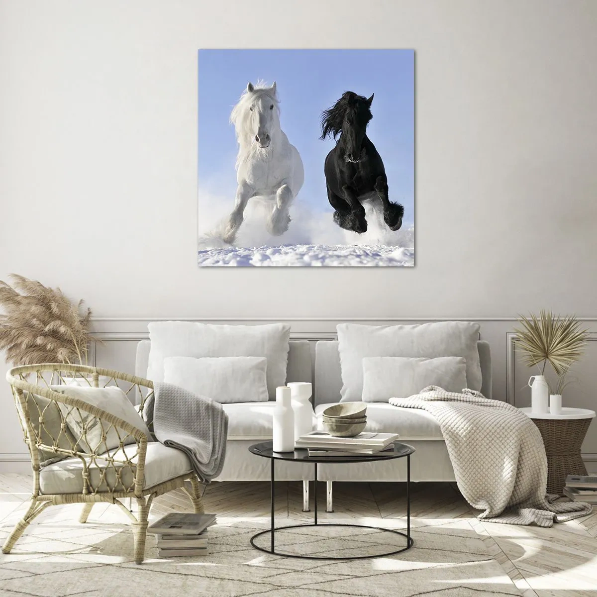 Quadro em vidro - Galope preto e branco - 60x60 cm